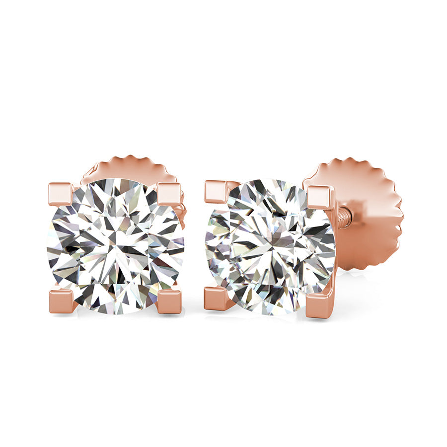 Round Natural Diamond Square Prong Stud Earrings
